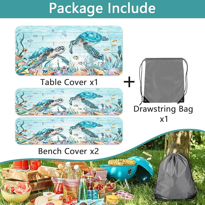 Ocean Sea Turtles Picnic Table Cover with Bench Covers and Bag, Camping Essentials, Waterproof Windproof, Fitted Tablecloth Cover with Elastic Edge, for Indoor & Outdoor, Garden, 3 PCS, 30x60 Inch