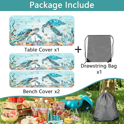 Ocean Sea Turtles Picnic Table Cover with Bench Covers and Bag, Camping Essentials, Waterproof Windproof, Fitted Tablecloth Cover with Elastic Edge, for Indoor & Outdoor, Garden, 3 PCS, 30x60 Inch
