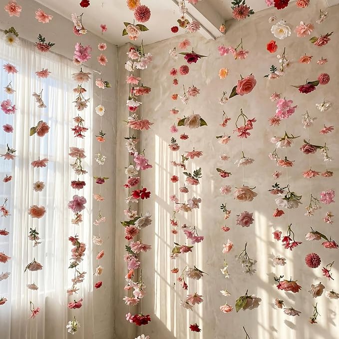 Suncalla 6 Pcs 35.46 ft Flower Garlands Backdrop Spring Artificial Wildflower Vines Floral Decorations for Party Fake Flower Vines Faux Silk Wildflower for Easter Wedding Garden Wall Arch(Pink)