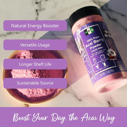 NPG Freeze-Dried Acai Berry Powder 7 Oz, Seedless Superfood with a Fine Powder Texture for Smoothies, Drinks, and Natural Food Coloring, Non-GMO