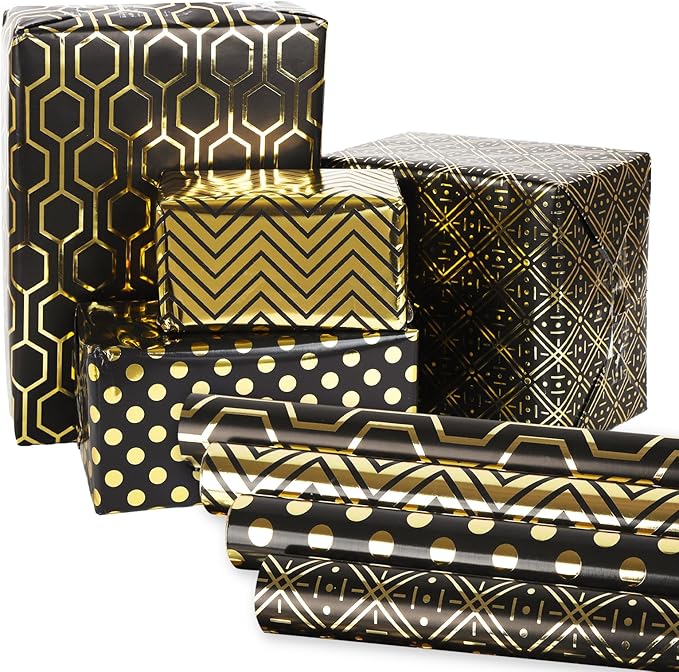 Birthday Wrapping Paper Metallic Black and Gold Geometric Wrapping Paper Gift Wrap for Father's Day Men Husband Boyfriend Mini Roll, 4 Rolls Geometry Pattern - 17 inch x 120 inch(10feet) Per Roll
