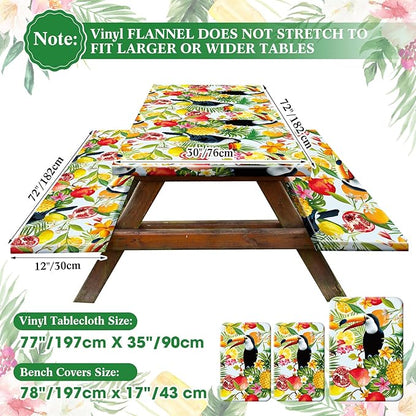 Boao 3 Pcs Vinyl Picnic Table Cover with Bench Cover 6 ft 30 x 72 Inch Waterproof Fitted Tablecloth Flannel Backing Rectangular Elastic Edged for Camping Outdoor Patio Travel(Toucan)