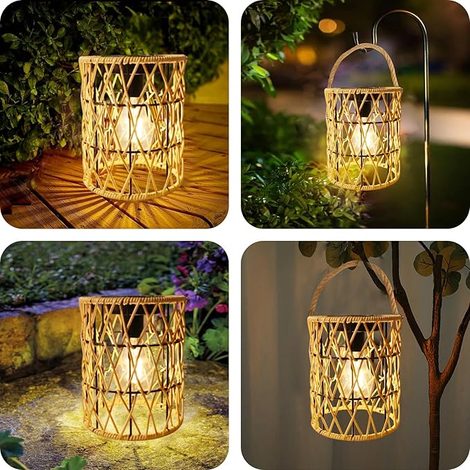Hanging Solar Lanterns Outdoor Waterproof, 2 Pack Rattan Solar Hanging Lights, Outdoor Lamp Decorations for Yard Garden Pathway Patio Pathway Proch Table Decor
