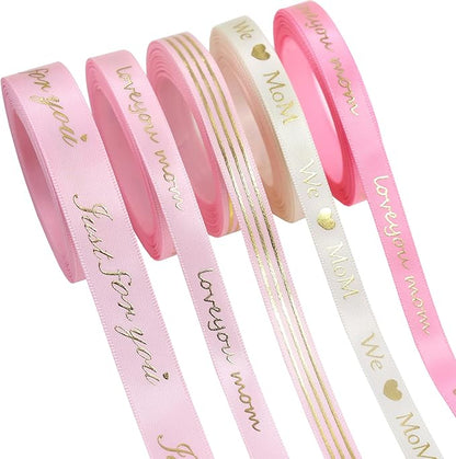 Mother’s Day Ribbon Set – 5 Rolls Satin Gift Flower Ribbons with Gold Foil Letters – 5 Yards Each, 10mm & 16mm – Love You Mom, Just for You, We Mom – Gift Wrap, Flower Wrap, Crafting, DIY (5)