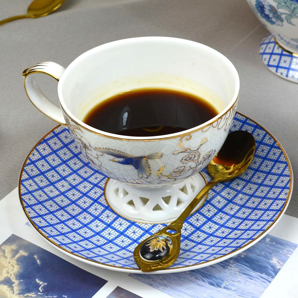 Acmlife Bone China Tea Cup and Saucer Set for 1, Vintage Floral Tea Cup with Saucer, Spoon and Gift Box, 6.8 oz (Blue B)