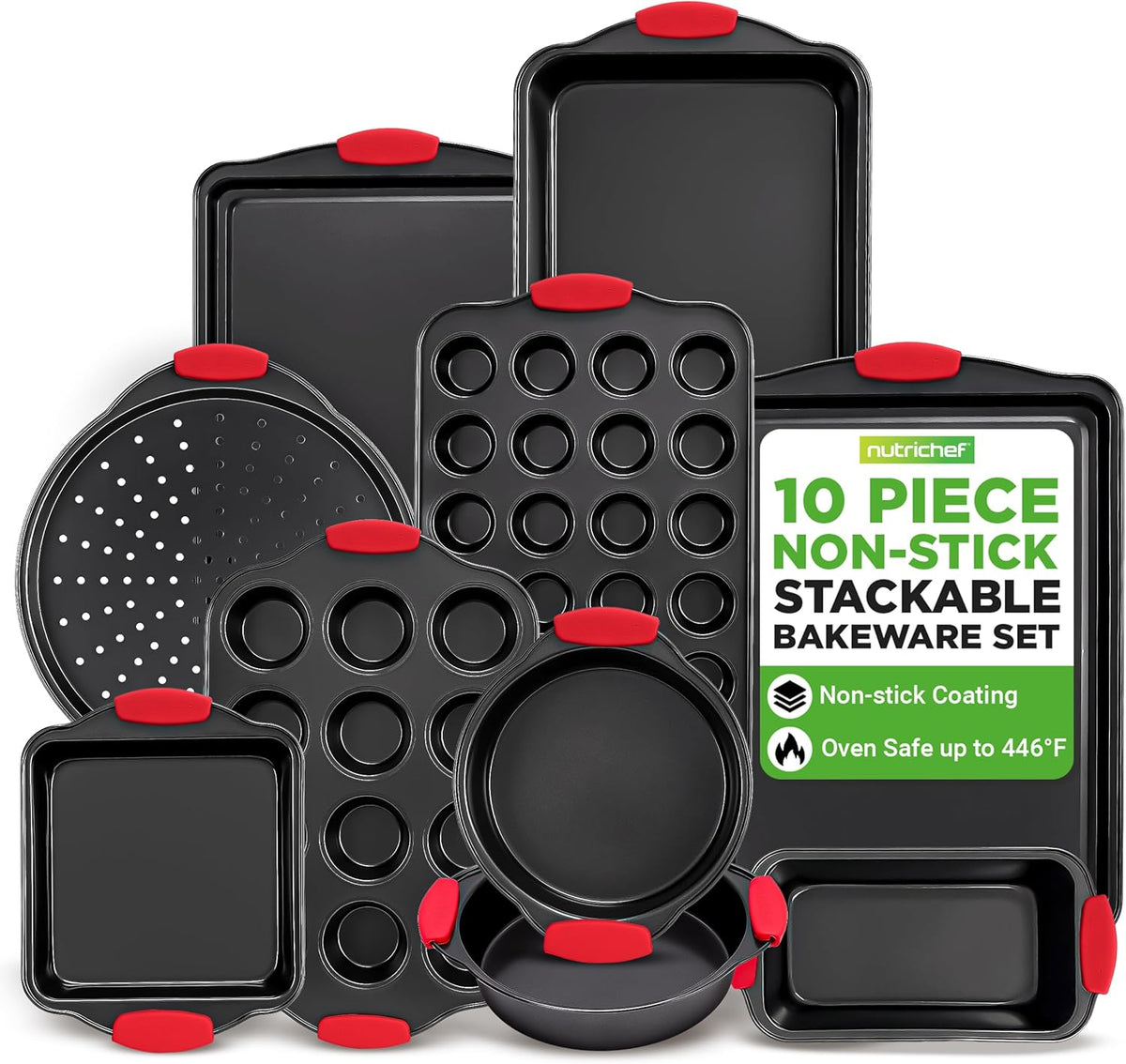NutriChef 10-Piece Nonstick Kitchen Oven Baking Pans - Premium & Stylish Non-Stick Carbon Steel