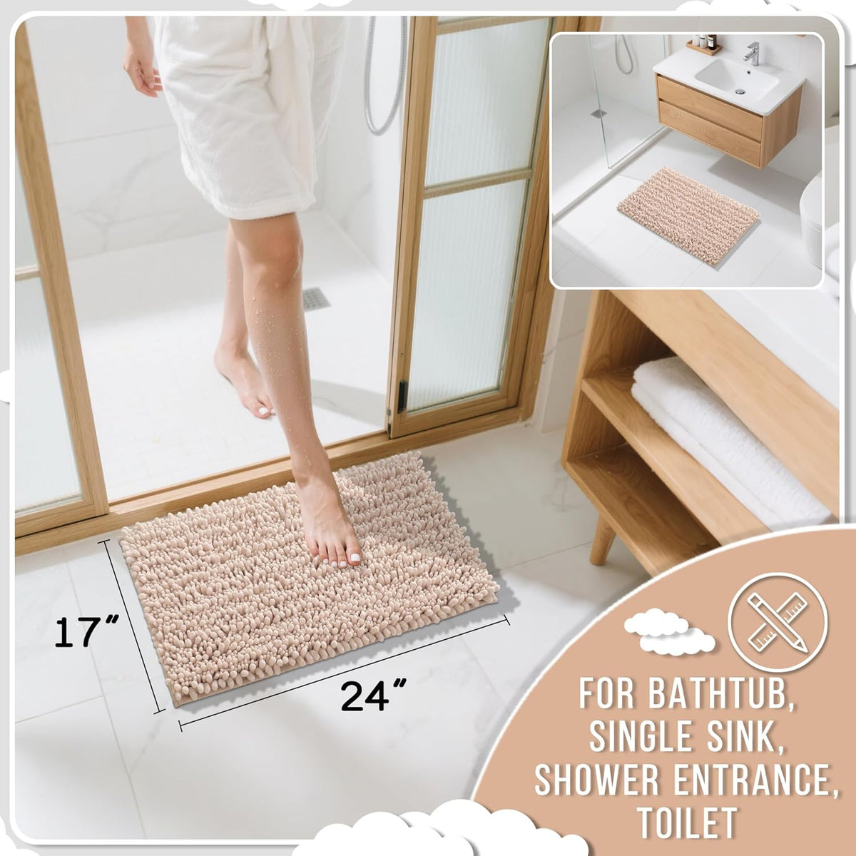 Yimobra Bathroom Rugs Non Slip Washable 24x17 Inch - Ultra Soft Absorbent Chenille Bath Mat, Quick Dry Shaggy Floor Carpet for Tub Shower, Pinkish Beige Home Decor Accessories