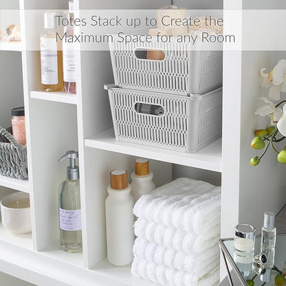 Simplify 4Pk Large Slide 2 Stack It Tote Basket | Storage & Organization | Open Bins with Stackable Capability | Bathroom | Crafts | Pantry | Playroom | Office | Grey (KIT-25930-GREY-4PK)