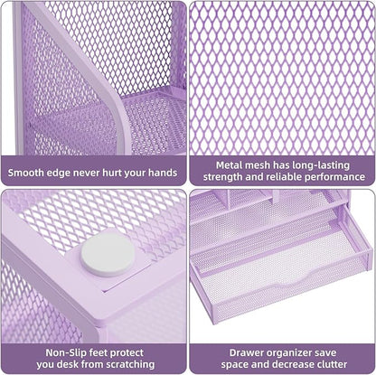 Marbrasse Mesh Pen Holder for Desk, Multi-Functional Pencil Organizer with Drawer, Desk Organizers and Accessories for Office Art Supplies (Purple)