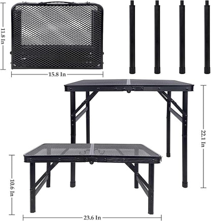 FORUP Small Folding Table, Camping Table with Mesh Desktop, Portable Picnic Table with Carry Handle, Height Adjustable Portable Grill Table for Outside Inside Use