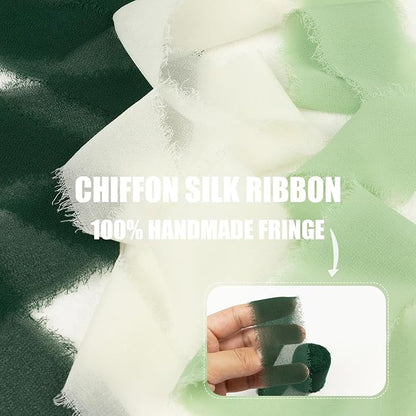 Green Chiffon Ribbon 1.5 Inch x 21Yds Handmade Fringe Chiffon Silk Ribbon Green & Cream Frayed Chiffon Ribbon for Wedding Invitation Flower Bouquets Gift Wrapping Bridal Shower Baby Shower