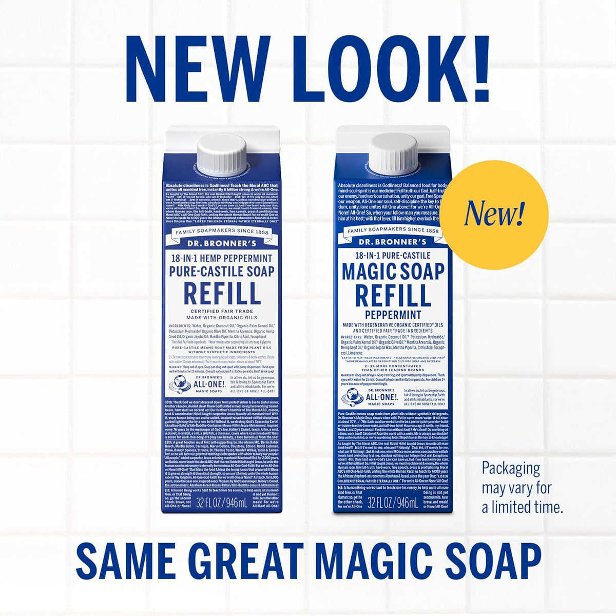 Dr. Bronner's Pure-Castile Liquid Magic Soap Refill - Made with Regenerative Organic Certified Oils, 86% Less Plastic - 18-in-1 Uses for Face, Body Wash, Hand Soap Refill & More - Peppermint, 32oz