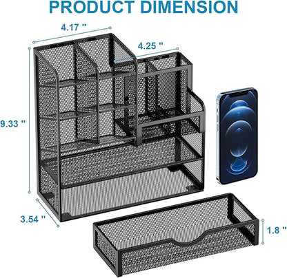 Marbrasse Mesh Pen Holder for Desk, Multi-Functional Pencil Organizer with Drawer, Desk Organizers and Accessories for Office Art Supplies (Black)
