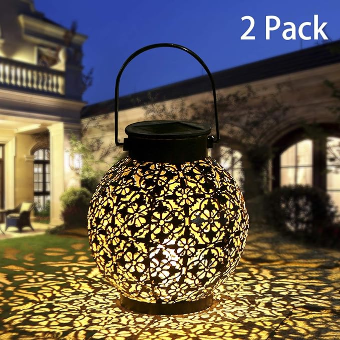 Solar Lanterns Outdoor Hanging Solar Lights Decorative Garden Lights Metal Waterproof Table Lamp for Patio Porch Backyard Pathway (2 Pack)
