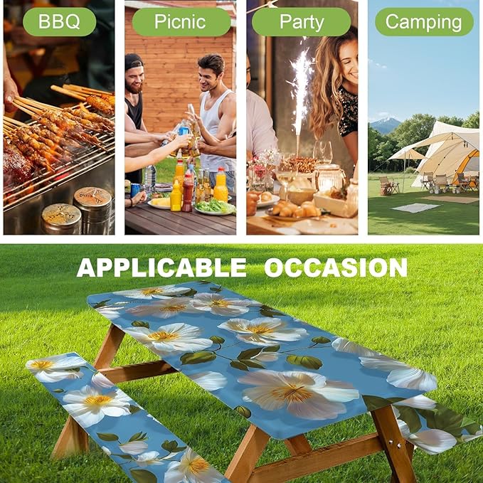 ANNA QUEEN 6FT White Flowers Spring Picnic Table Cover with Bench Covers Picnic Table Cover Set 3PCS 72"x30", Outdoor Bench and Tablecloth Furniture Protection
