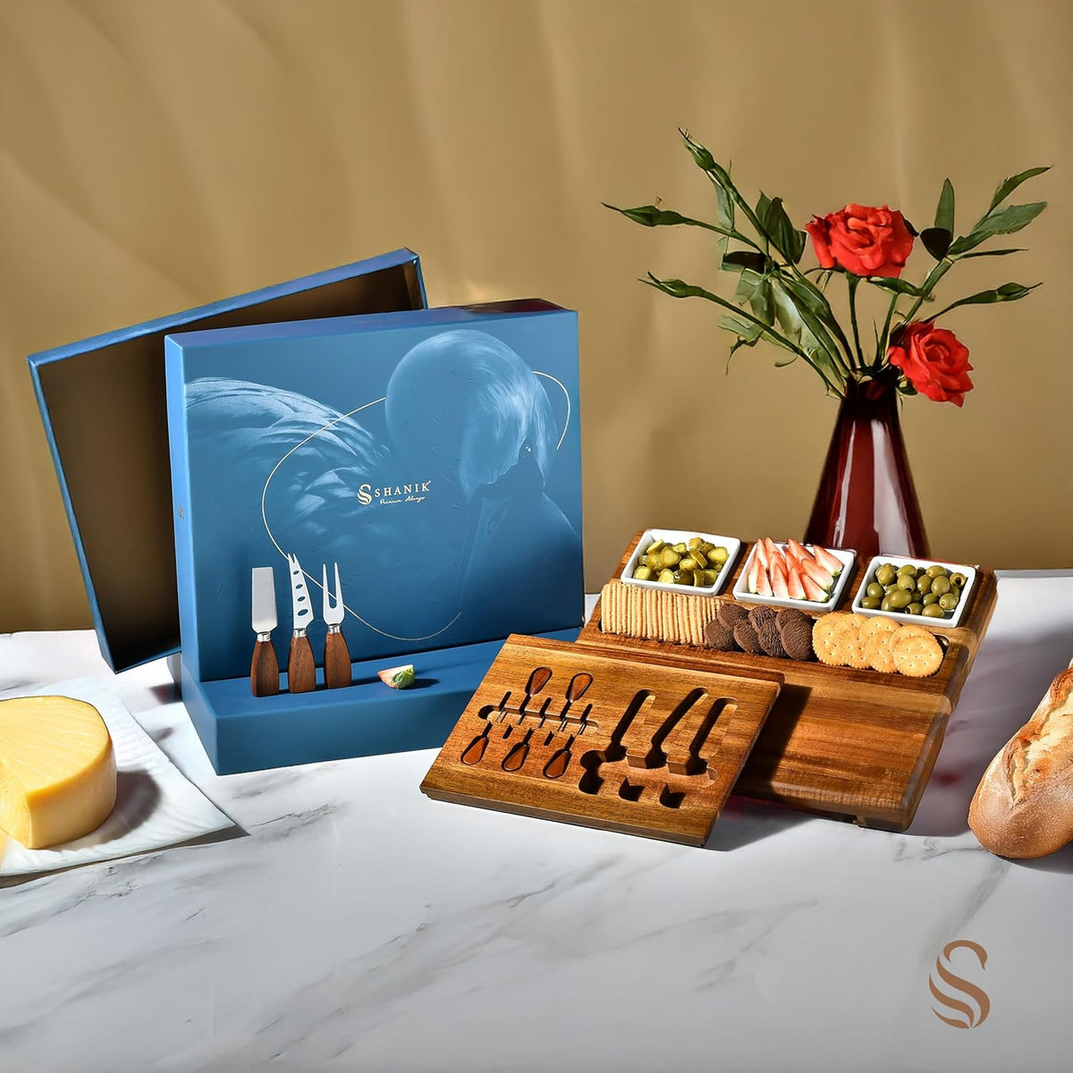 Shanik Large Acacia Wood Charcuterie Board Set with 3 Removable Ceramic Bowls & Serving Utensils - Housewarming, Wedding, Bridal Shower