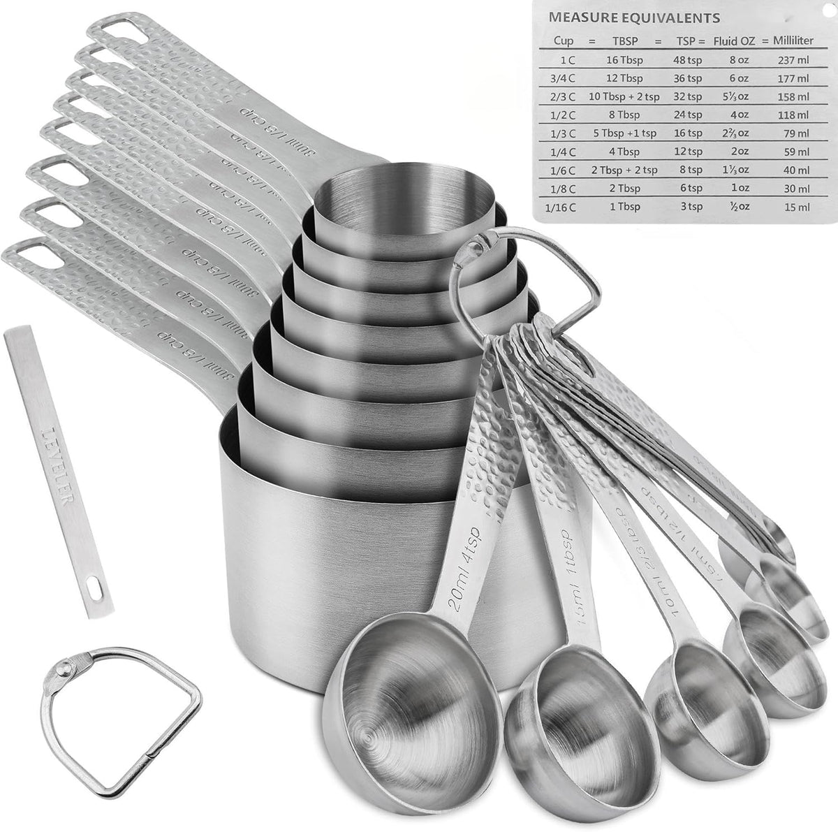 Measuring Cups and Spoons Set 19, Stainless Steel Measuring Cups and Spoons Set for Baking