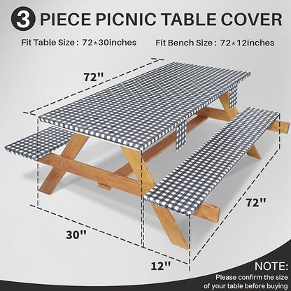 3 Piece Fitted Elastic Picnic Table Cover with Bench Covers 72x30 Inch Weather Proof Outdoor Table Cloth Summer Motorhome Patio Vacation Things White Elephant