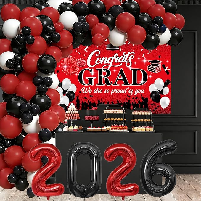 Red and Black Graduation Party Decorations 2026 - Graduation Balloon Arch Kit With Red Black Graduation Balloons, Congrats Grad Backdrop, 2026 Foil Balloons For High College School Gradua tion Decor