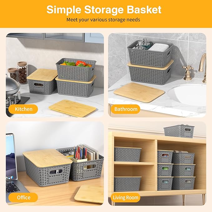 Plastic Storage Baskets with Bamboo Lids and Labels, Stackable Storage Containers, Storage Bins for Organizing Shelves Drawers Desktop Closets Office, 6 Packs-Gray