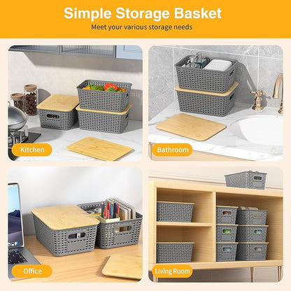 Plastic Storage Baskets with Bamboo Lids and Labels, Stackable Storage Containers, Storage Bins for Organizing Shelves Drawers Desktop Closets Office, 6 Packs-Gray