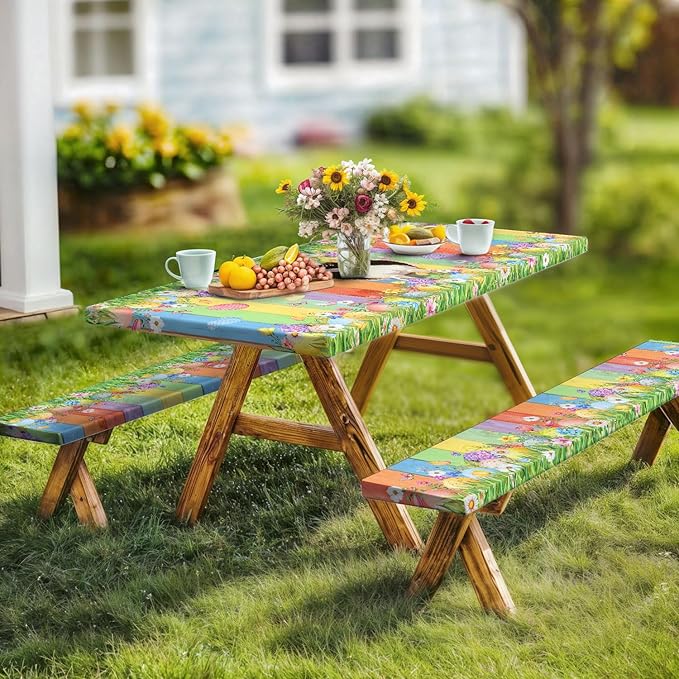 Easter Picnic Table Cover with Bench Covers, Cute Bunny Flower Colorful Wooden Board Camping Tablecloth, Waterproof Windproof, Fitted Tablecloth Cover with Elastic Edge, for Outdoor, 3 PCS, 30x72 Inch