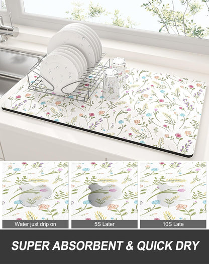 Rnivvi Dish Drying Mat for Kitchen Counter, XL 15 x 24" Cute Flower Theme Absorbent Draining Pad, Non-Slip Heat Resistant Coffee Bar Mat for Coffee Machine Station Accessories, White Dish Rack Pad