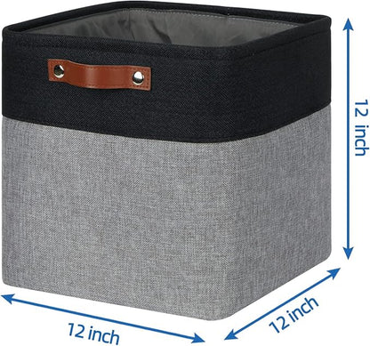 Temary Storage Baskets 12x12 Fabric Cube Storage Bins, 4 Pack Large Baskets with Handles, Baskets for Organizing Towels, Blankets, Collapsible Storage Basket (Black&Gray)