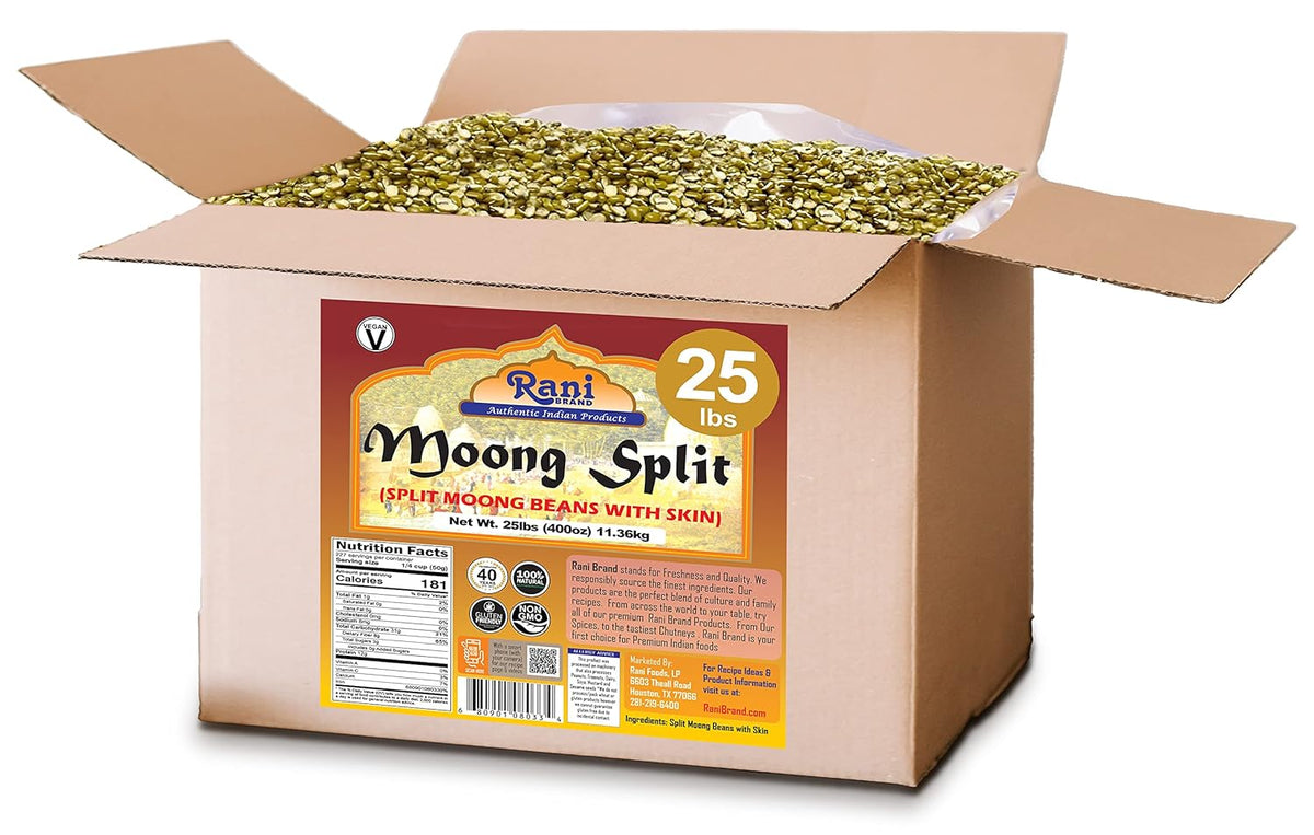 Rani Moong Split (Split Mung Beans with Skin) Lentils Indian 400oz (25lbs) 11.36kg Bulk Box ~ All Natural | Gluten Friendly | Non-GMO | Kosher | Vegan | Indian Origin