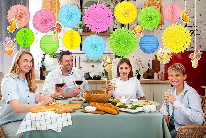 22pcs Spring Decorations for Home – Hanging Paper Fans, Lanterns, Pom Poms, Hanging Swirls for Office, Classroom, Birthday Party, Indoor Outdoor Ceiling Decor