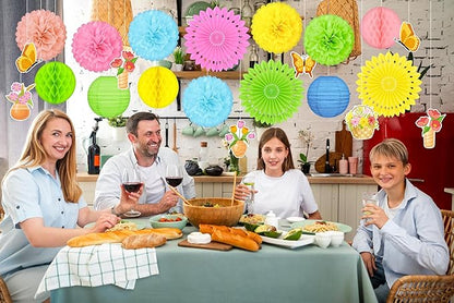 22pcs Spring Decorations for Home – Hanging Paper Fans, Lanterns, Pom Poms, Hanging Swirls for Office, Classroom, Birthday Party, Indoor Outdoor Ceiling Decor