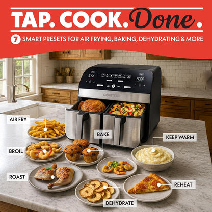 Gourmia Dual Basket Digital Air Fryer – 10 QT, FryForce 360° Technology, 7 Presets, Match Cook & Smart Finish, PTOA-Free Baskets & Crisper Trays, 1600W, Black