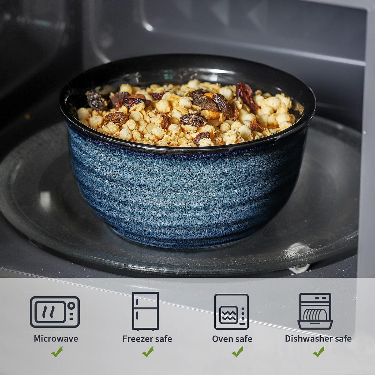 HASENSE Ceramic Cereal Bowls Set of 6, 20 Oz Navy Blue Stoneware Bowls, Farmhouse Bowls for Cereal, Soup, Rice, Pasta &amp; Salad, Dishwasher &amp; Microwave Safe
