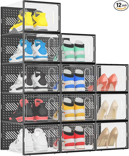 eWonLife X-Large Shoe Boxes with Magnetic Door, 12-Pack Stackable Shoes Storage Organizer for Closet, Clear Plastic Sneaker Container Shoe Rack for Size 12, Black