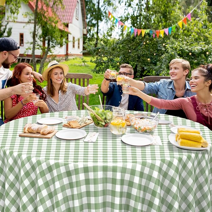 12 Pack Sage Green Plastic Checkered Tablecloth Round, Premium Decorative Disposable Sage Green Gingham Plaid Table Cloths for Parties, Round Party Table Cover for Baby Shower Picnic Birthday, 84 Inch