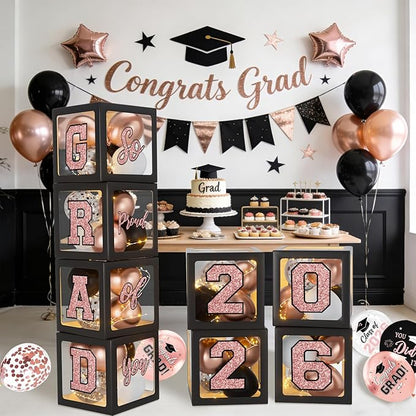 Rose Gold Graduation Decorations 2026, Pink Graduation Decorations Set of 4 Balloons Boxes with Letters 2026 GRAD So Proud of You, Congrats Grad Decorations for High School & College