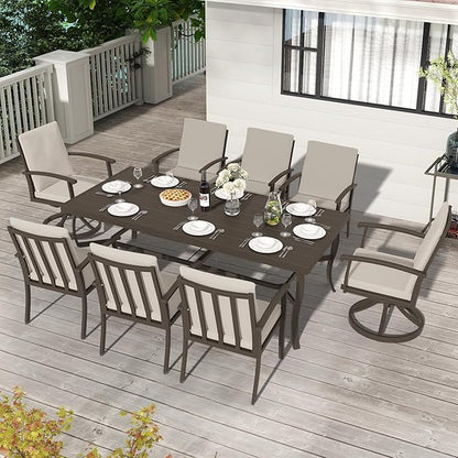 HAPPATIO Aluminum 9 Piece Patio Dining Sets, Outdoor Dining Set for 8, Patio Furniture Sets, 2 Swivel Dining Chairs, 6 Dining Chairs, Aluminum Furniture Set for Patio, Yard (Black)