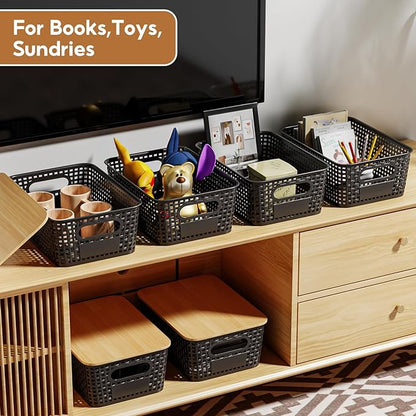 8 Pcs Plastic Storage Bins with Bamboo Lid, Stackable Storage Baskets with Lids & Labels for Organizing, Storage Bins for shelves Office Drawer Cabinet & Pantry Nursery Organization,10.2*7.2*4.1In