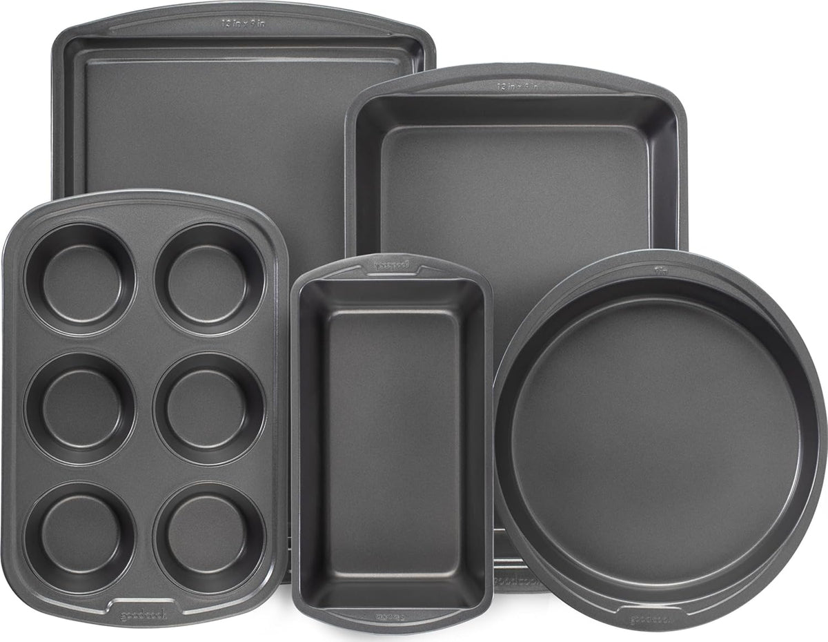 GoodCook Everyday Nonstick Steel 5-Piece Bakeware Set, Gray, Includes Cookie Sheet, Cake Pan, Loaf Pan, Muffin Pan, and Roast Pan