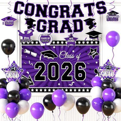 Graduation Decorations 2026, Purple Black Graduation Party Decorations Set with Class of 2026 Backdrop Congrats Grad Banner 18inch Foil Grad Star Balloons Hanging Streamers Kit for High School College