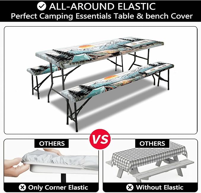 Picnic Table Cover with Bench Covers and Bag, Wooden Camper Waterproof Windproof, Fitted Tablecloth Cover with Elastic Edge, for Indoor & Outdoor, Garden, Camping, 3 Pieces Set, 30x96 Inch