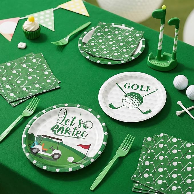 96 Pcs Golf Party Decorations Tableware Set Let's Partee Time Disposable Dessert Plates Napkins Forks for Table Supplies Favors for Birthday Party Serve 24 Guests