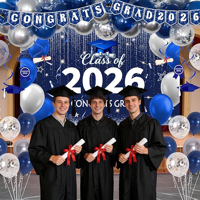 Graduation Decorations 2026, Graduation Decorations Class of 2026 Blue and Silver Congrats Grad Backdrop Tablecloths Banner Balloons for Graduation Party Decorations 2026 Graduation Decor