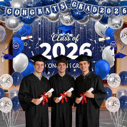 Graduation Decorations 2026, Graduation Decorations Class of 2026 Blue and Silver Congrats Grad Backdrop Tablecloths Banner Balloons for Graduation Party Decorations 2026 Graduation Decor