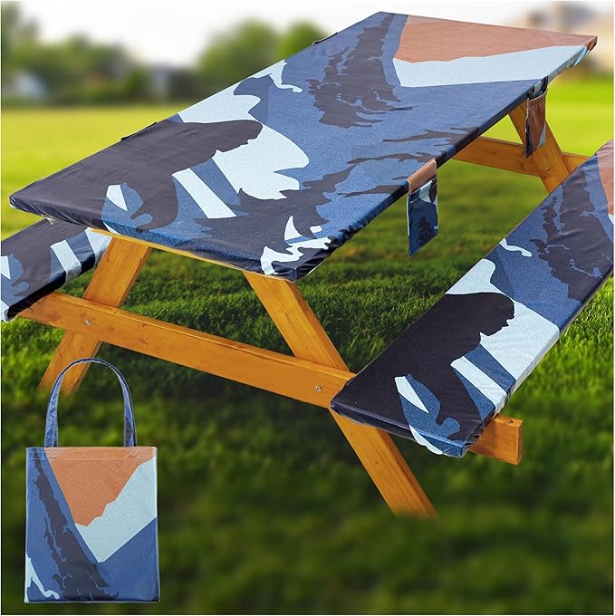 Fitted Picnic Table Cover with Bench Covers Waterproof Elastic Edges Rectangle Patio Tablecloth Outdoor Camping Essentials Stuff Rv Accessories Summer Trip Travel Supplies Party Camper Gifts, 6 ft