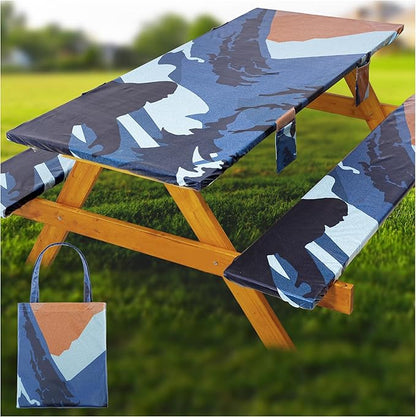 Fitted Picnic Table Cover with Bench Covers Waterproof Elastic Edges Rectangle Patio Tablecloth Outdoor Camping Essentials Stuff Rv Accessories Summer Trip Travel Supplies Party Camper Gifts, 6 ft