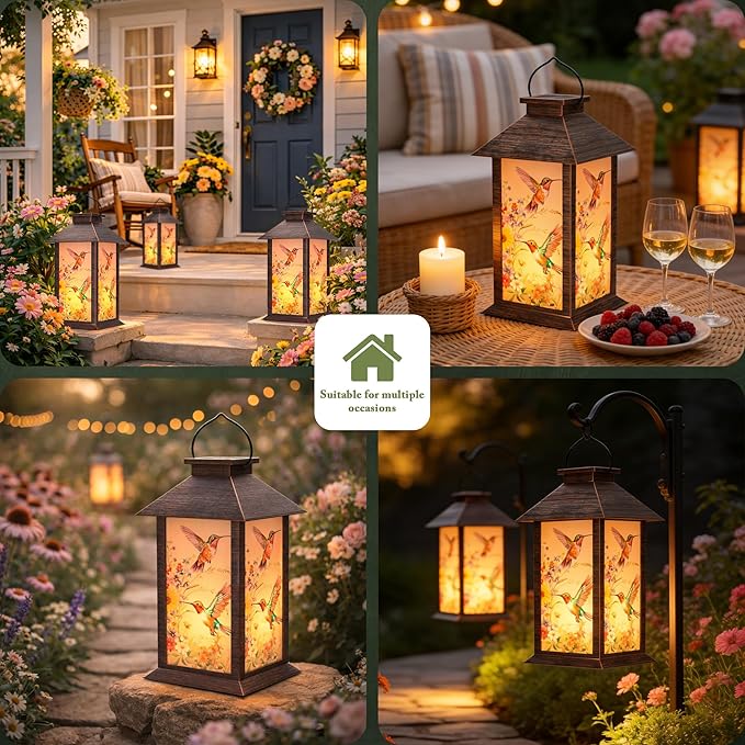 Solar Lanterns Outdoor, Waterproof Garden Hummingbird Solar Lantern, 13" Outdoor Lantern with LED Flickering Flameless Candles, Lanterns for Women Mom Gifts Decorations for Porch, Yard, Patio