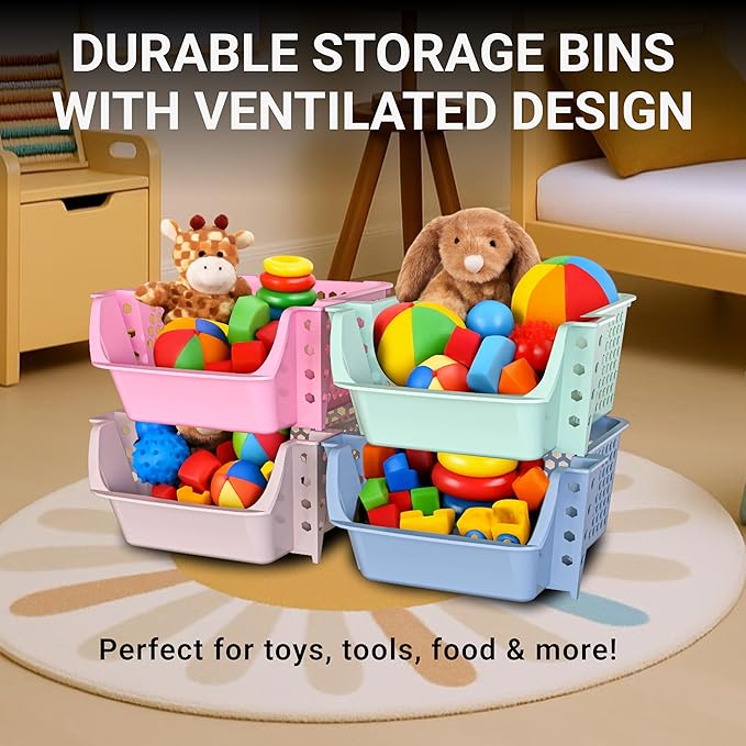 TidyFriend 4 Pack Stackable Storage Bins Open Front for Pantry Organizers and Storage, Plastic Storage Bins, Dorm Room Essentials, Pantry Storage for Food, Kitchen and Home Organization (Multi)