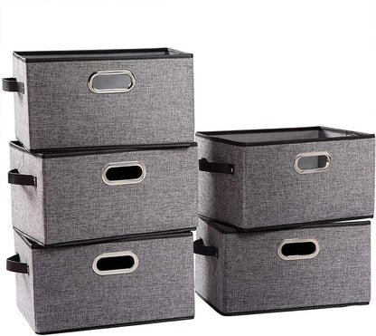 PRANDOM Large Collapsible Storage Baskets for Closet [5-pack] Decorative Fabric Storage Bins Cubes with Leather/Metal Handles for Shelves Bedroom Living Room Grey (14.9x9.8x8.3 Inch)