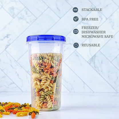 PLASTICPRO [48 oz 4 Pack] Twist Top Deli Containers Clear bottom With blue Top Twist on Lids Reusable, Stackable, Food Storage Freezer Container Pack of 4